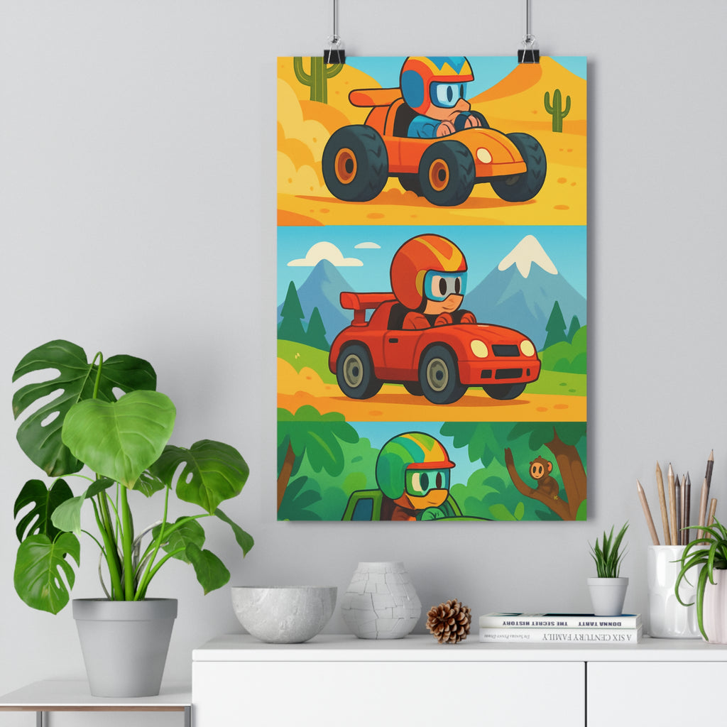 Poster décoratif aventure couleurs vives dessin animé course désert forêt montagnes chambre enfant vibrant