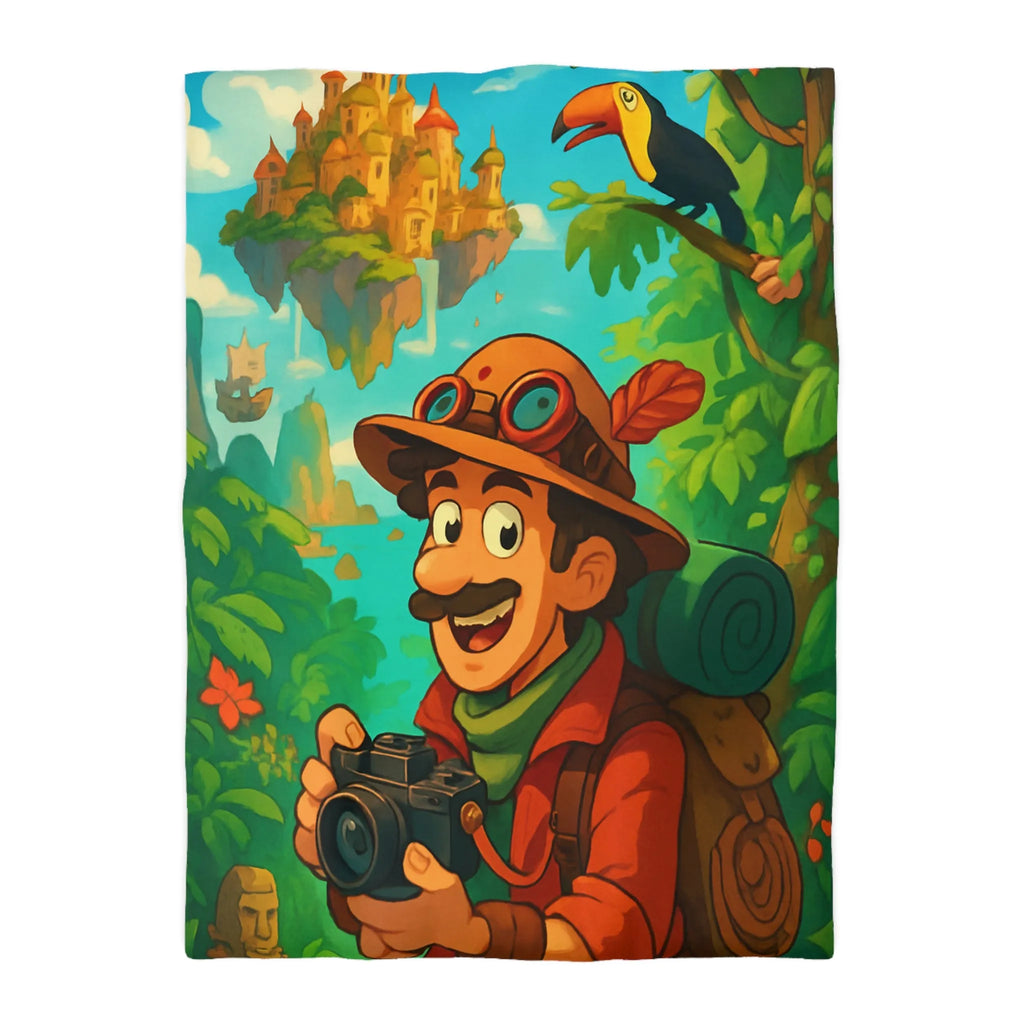 Housse de couette illustrée avec explora-monde et château volant dans jungle exotique