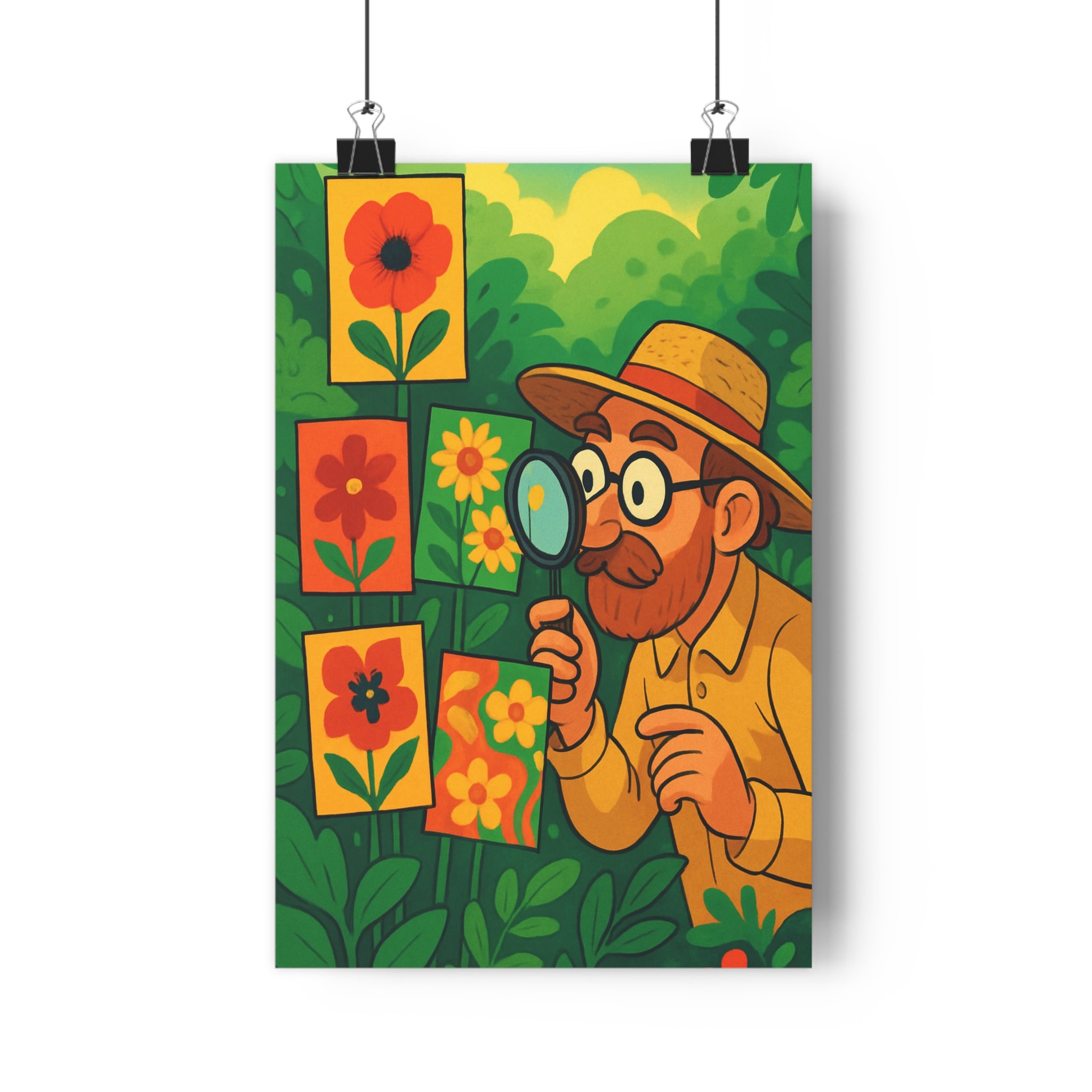 Poster décoratif jardin fleurs rouges jaunes cartoon joyeux bureau salon chambre vibrant luxuriant qualité