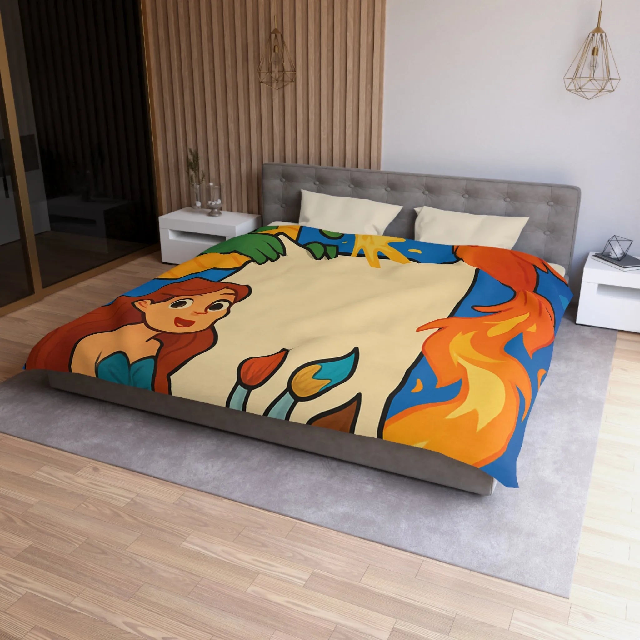 Housse de couette avec dragon, sirène et phénix pour chambre d'enfant artistique