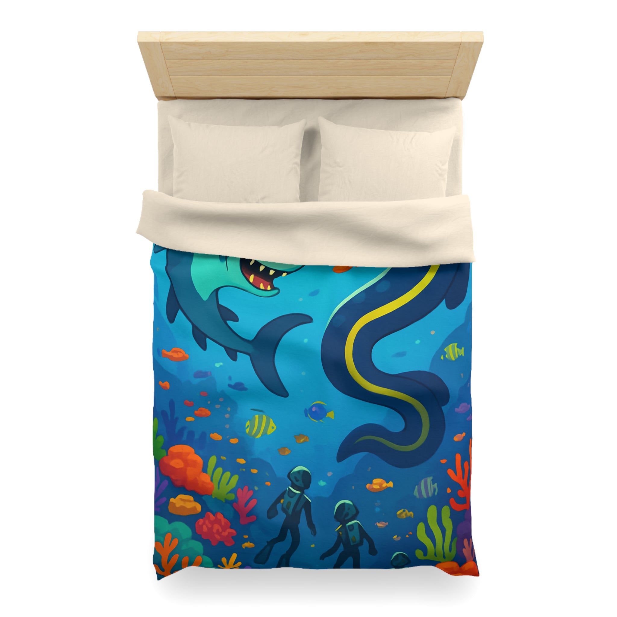 Housse de couette océan vibrante avec requins amicaux et plongeurs explorateurs