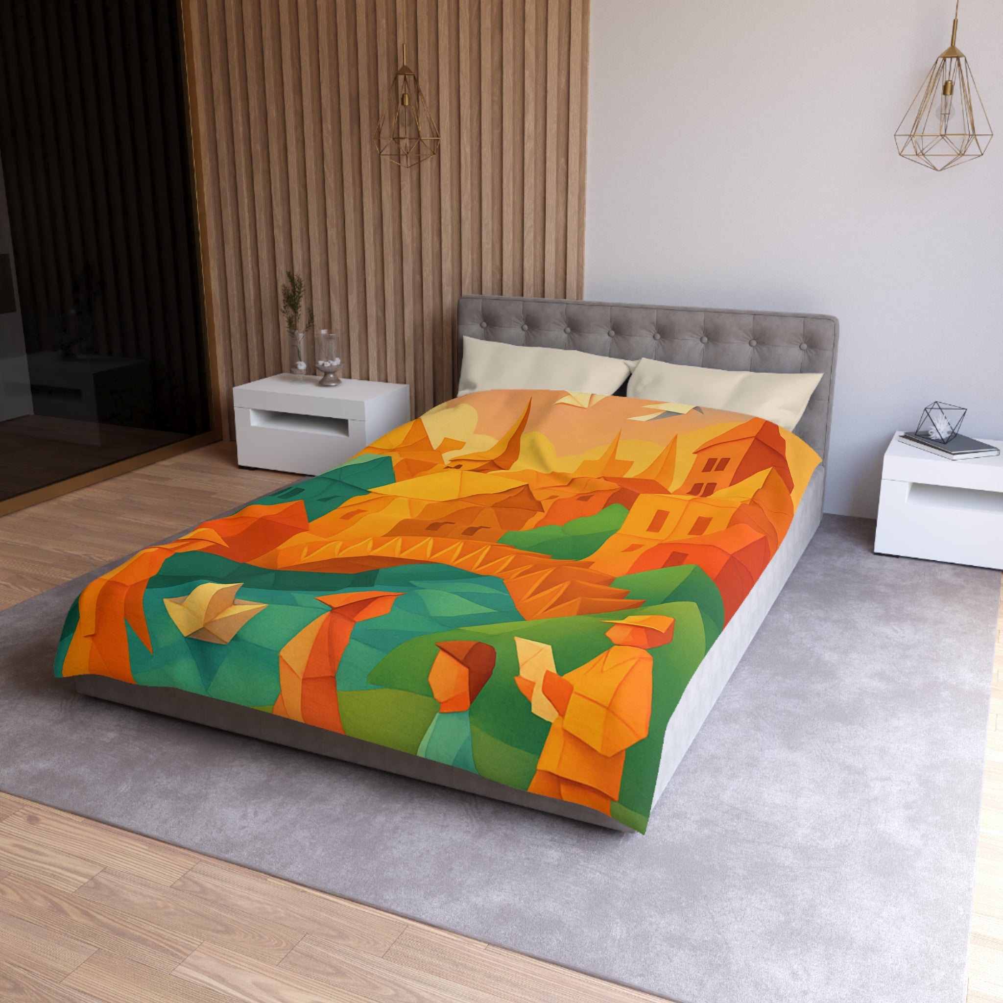 Housse de couette motif origami coloré avec paysage urbain et silhouettes humaines