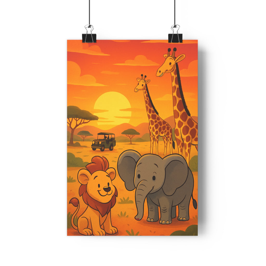 Poster décoratif safari lionceau éléphanteau girafes coucher soleil cartoon joyeux chambre enfant exotique vibrant