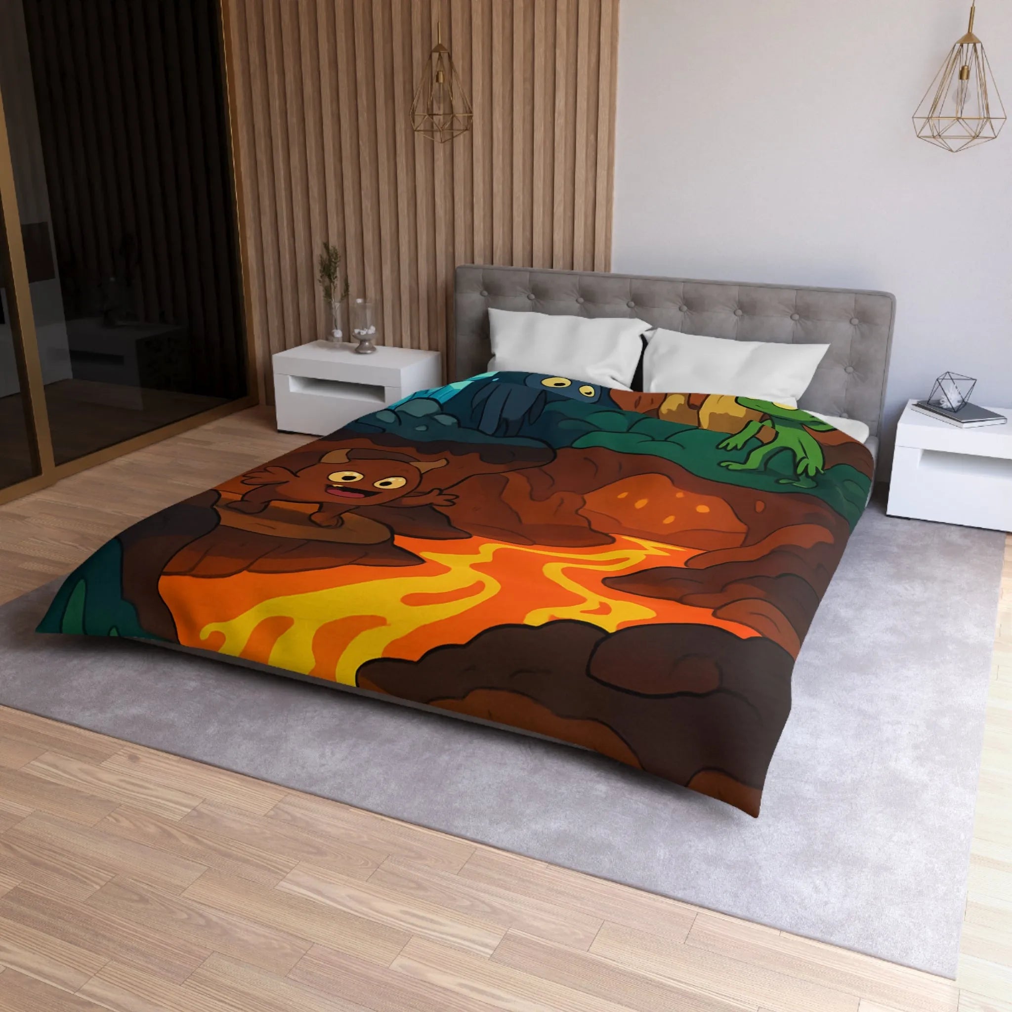 Housse de Couette Enfant Paradis Souterrain Magique avec Créatures Mystiques et Cristaux Lumineux