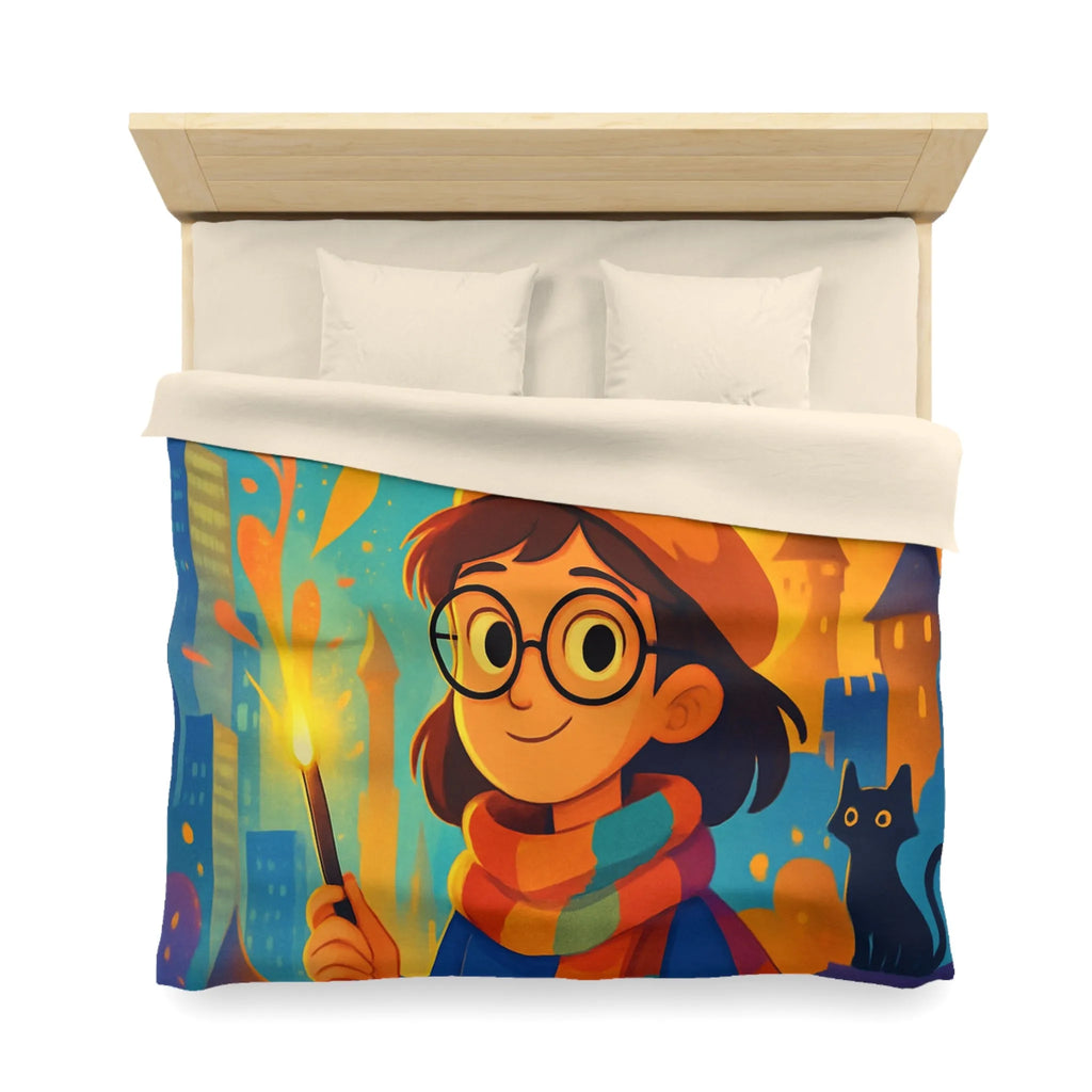 Housse de Couette Éclatante: Jeune Magicienne aux Couleurs Vives et Château Mystérieux