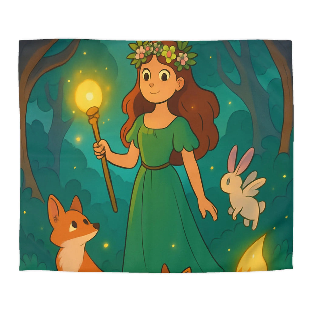 Housse de couette féerique avec fille et animaux en forêt enchantée, lumineuse et magique