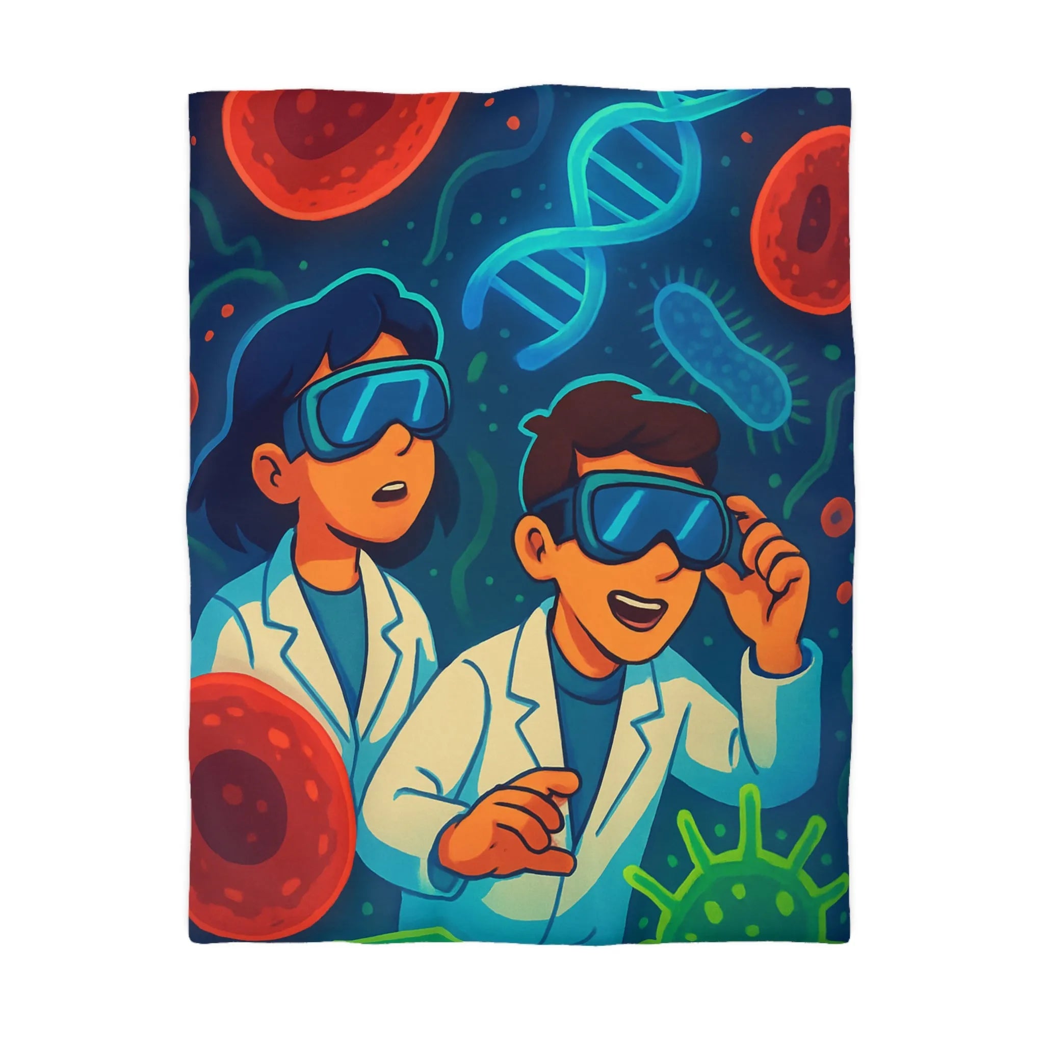 Drap housse scientifique ludique avec chercheurs et microbes éclatants en couleurs vibrantes et vives