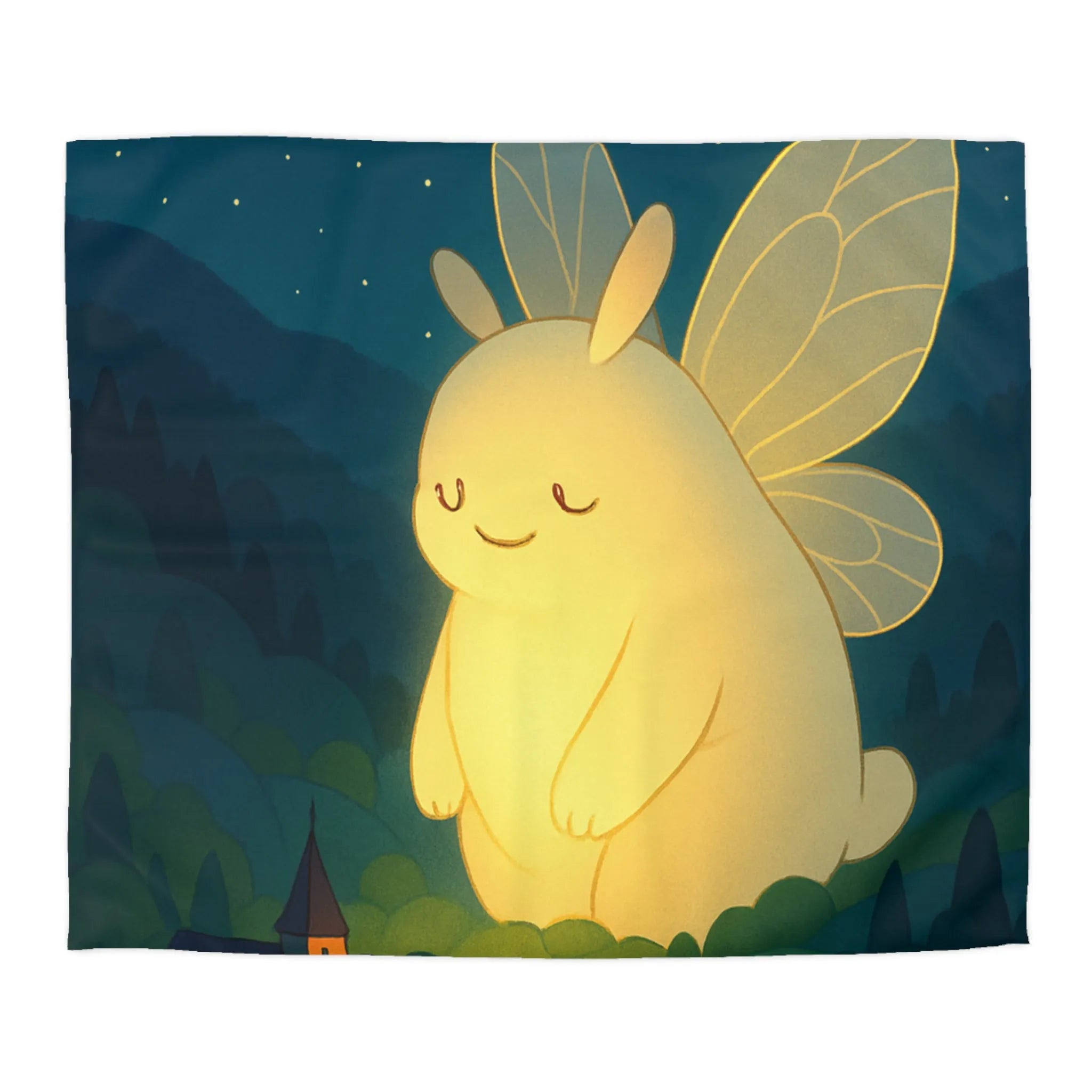 Housse de Couette Féérique avec Créature Lumineuse et Village Étoilé dans la Nuit