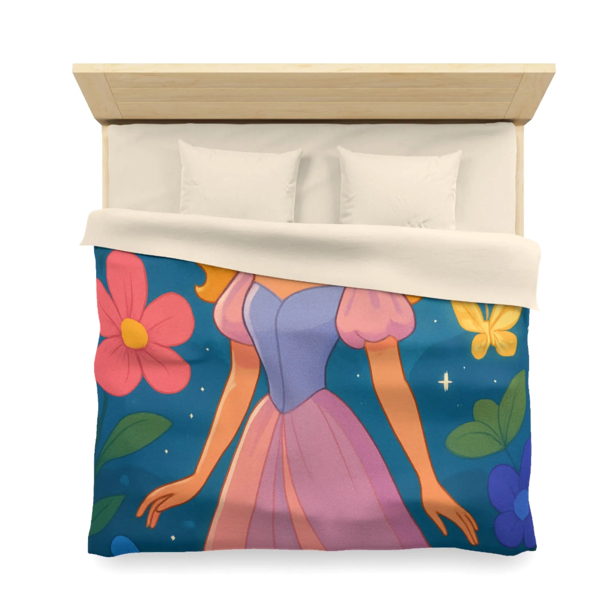 Housse de couette enchantée princesse et château fleurs papillons magique pour chambre enfant