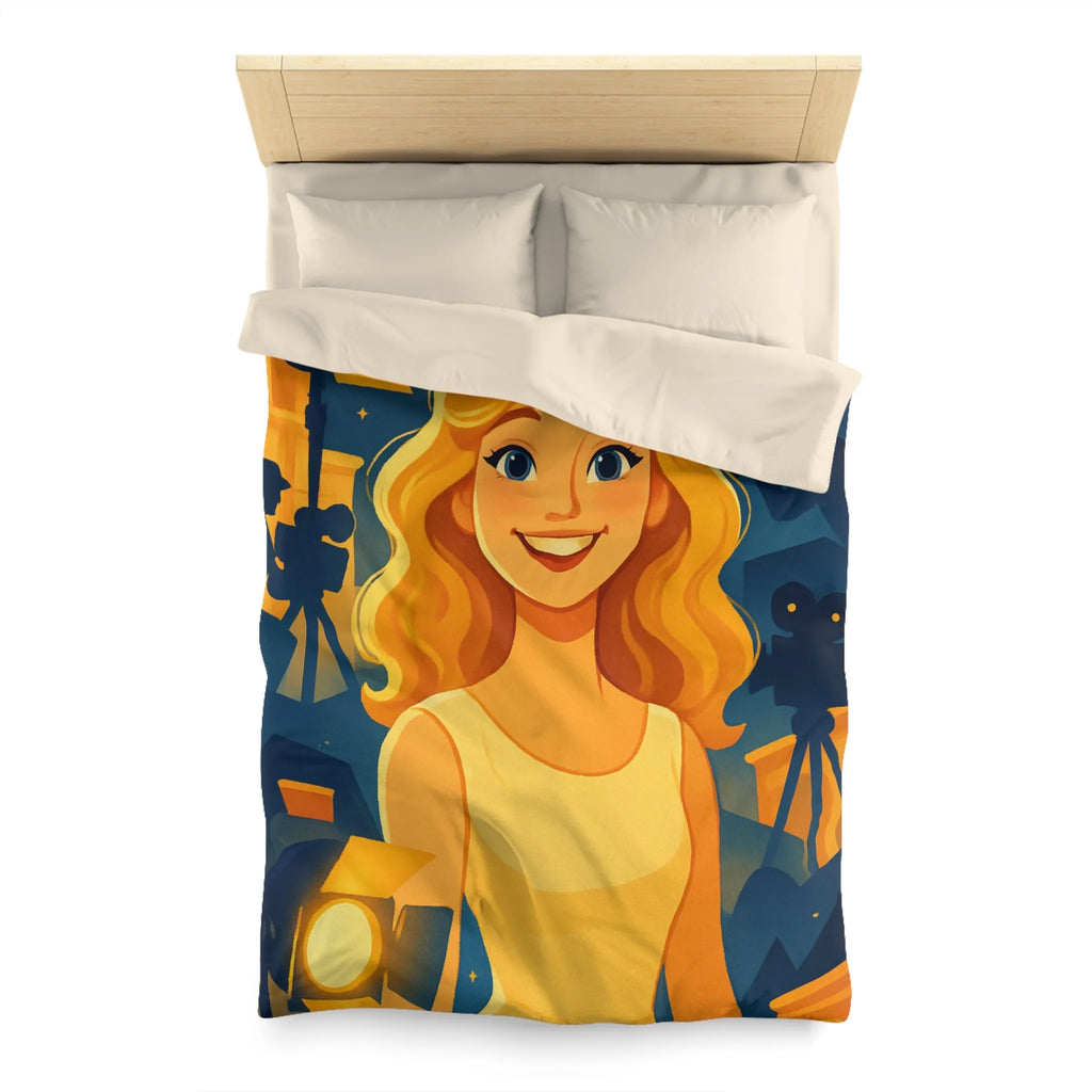 Housse de couette avec scène de tournage glamour et personnages stylisés illuminés