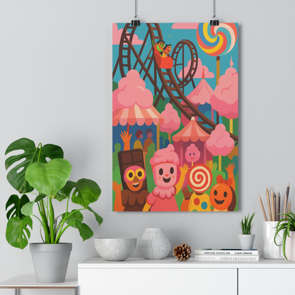 Poster décoratif cartoon rose bleu marron ludique joyeux chambre enfant fête foraine rétro ambiance