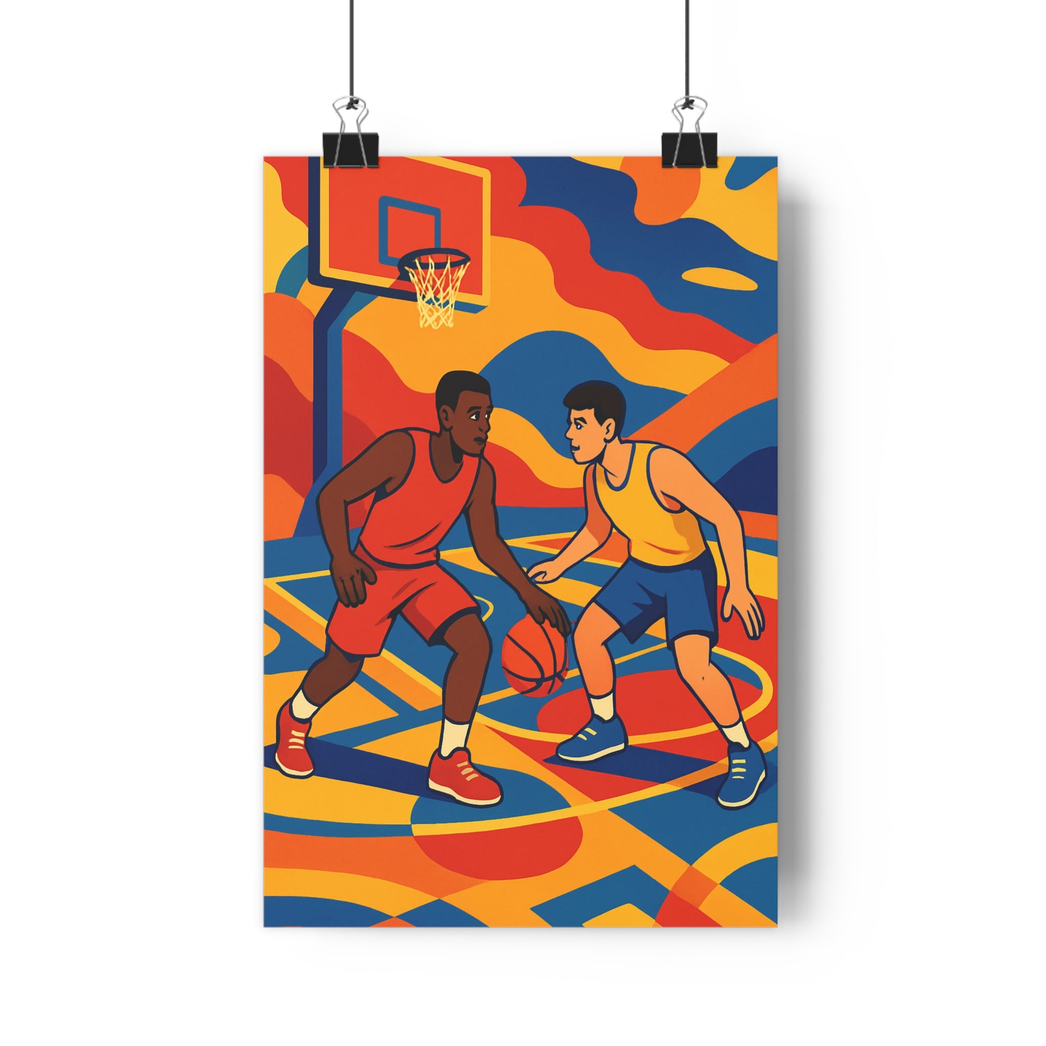 Poster décoratif basket coloré rouge jaune dynamique chambre enfant surréaliste dessin animé qualité 30x46