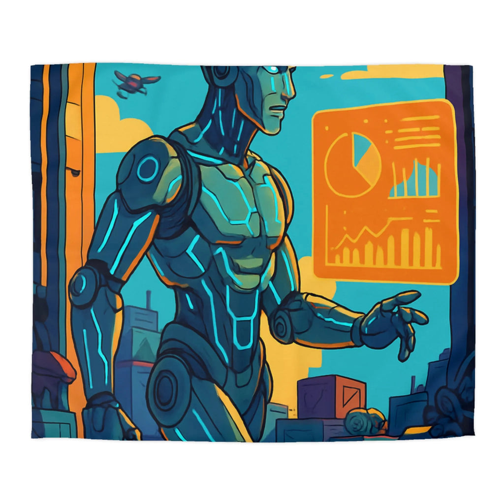 Housse de couette futuriste avec robot et drones, couleurs vives et graphiques modernes