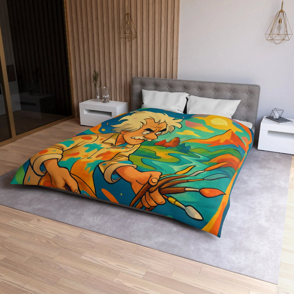 Housse de couette artistique avec peintre et paysage vibrant aux couleurs éclatantes