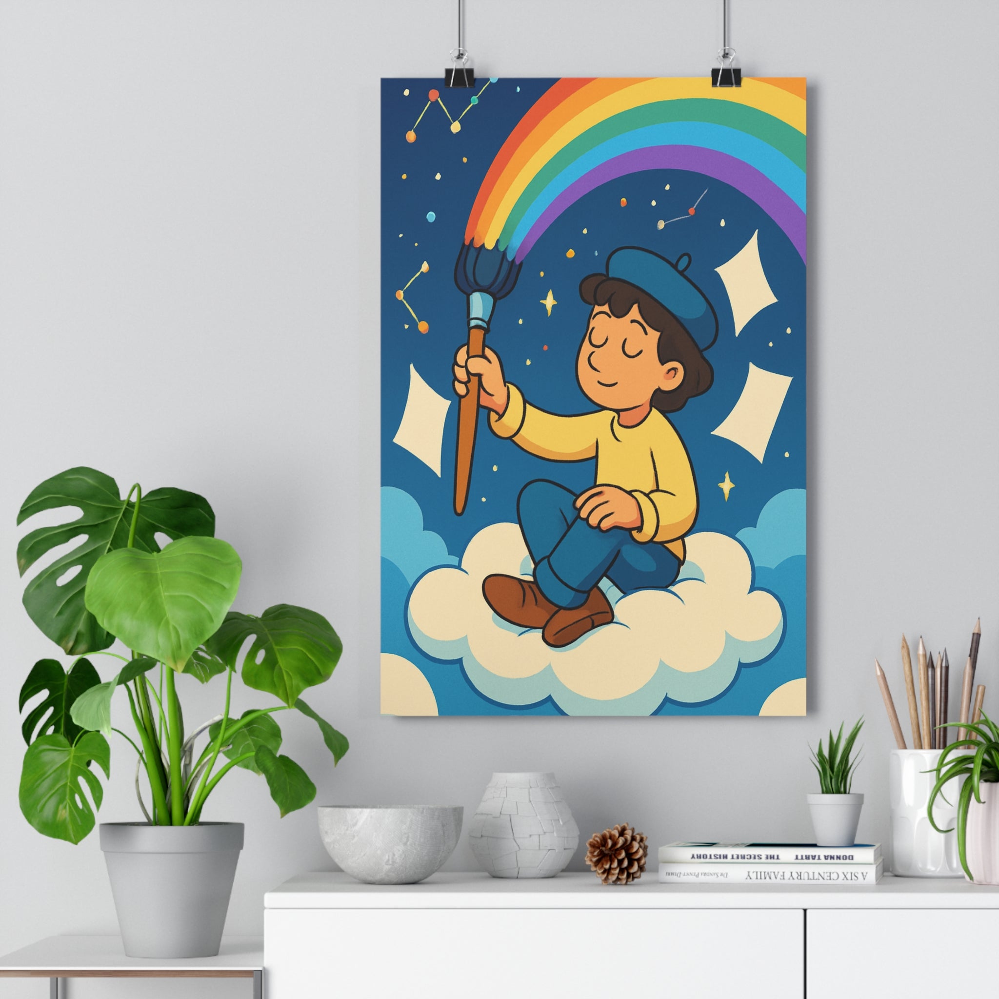 Poster décoratif pastel cartoon rêveur magique nuage pinceau arcenciel étoiles chambre enfant 30x46 qualité