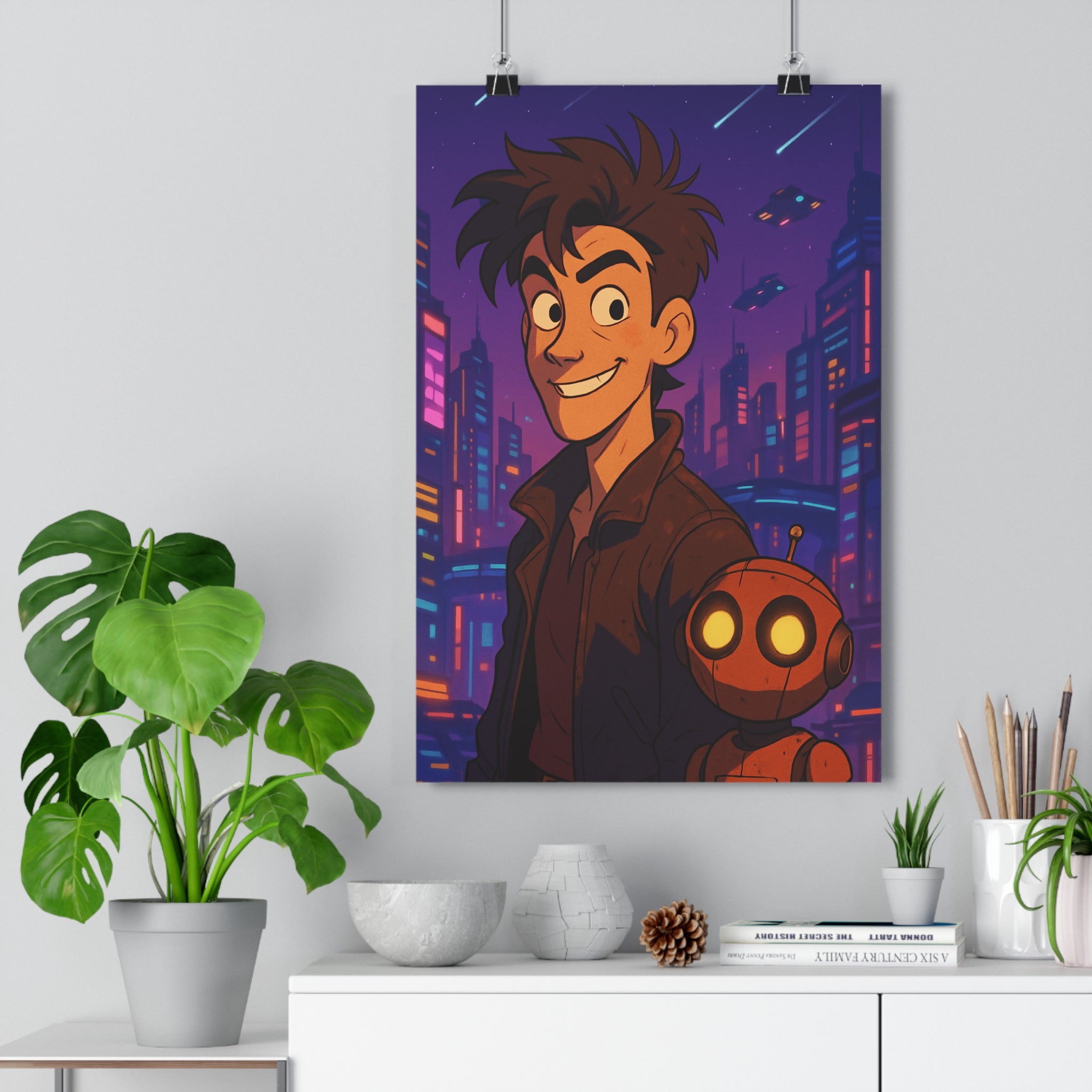 Poster décoratif cartoon violet orange futuriste aventure chambre bureau sciencefiction enfant vibrant qualité premium