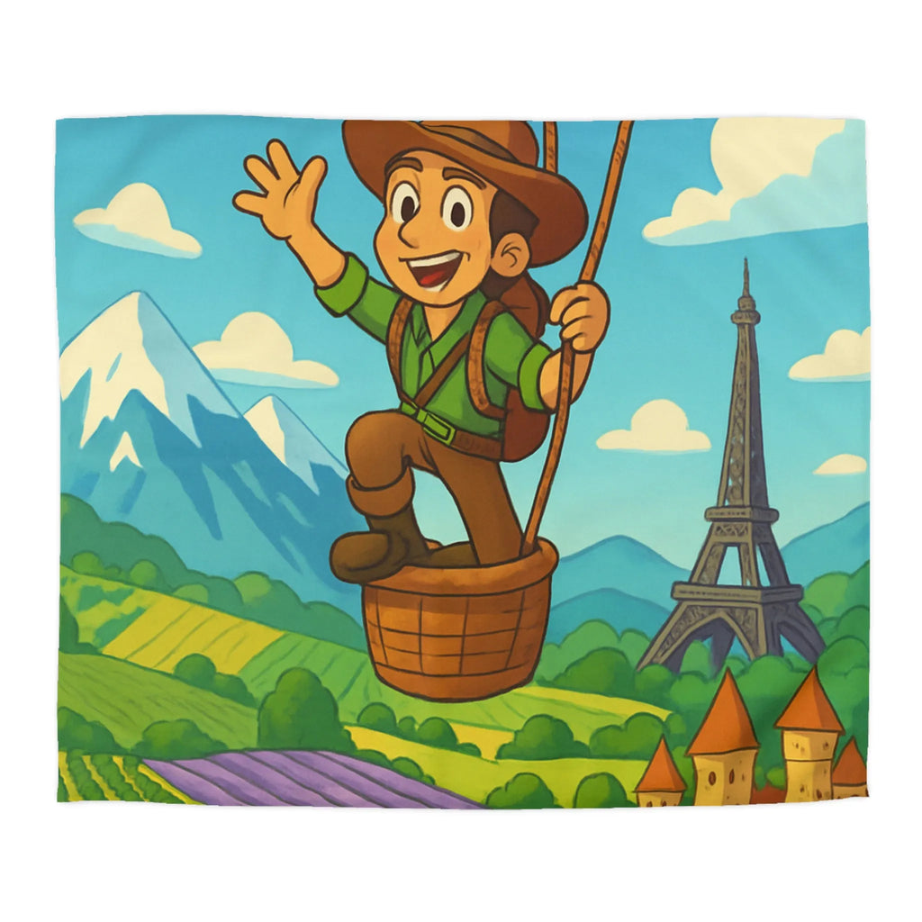 Charmant voyageur en montgolfière surplombant paysages français, champs et monuments emblématiques