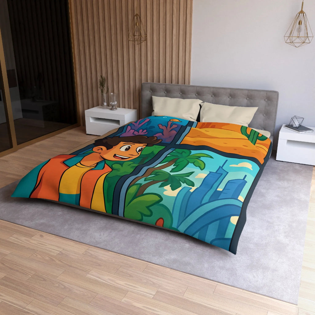 Housse de couette colorée avec paysage marin, désertique et urbain pour chambre d'enfant