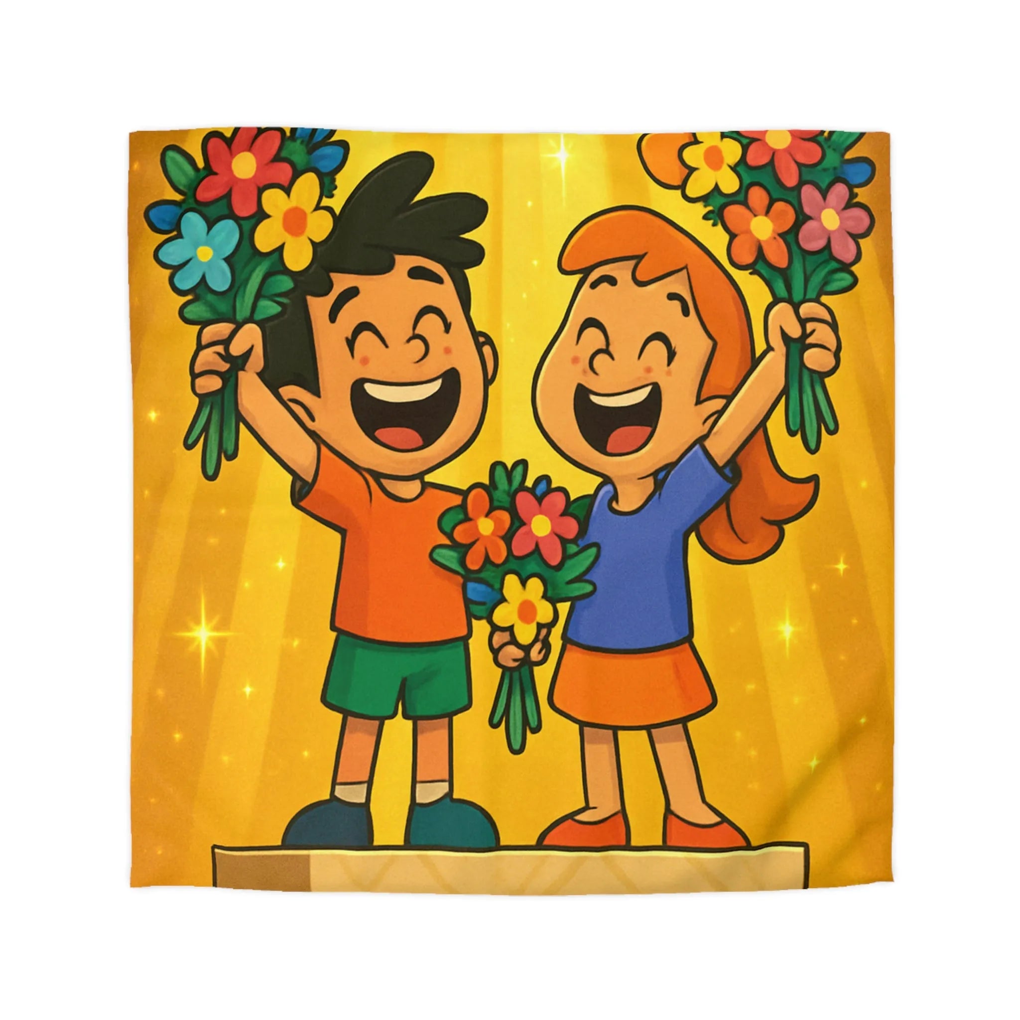 Dessin mignon d'enfants célébrant avec des bouquets de fleurs illuminés de rayons dorés