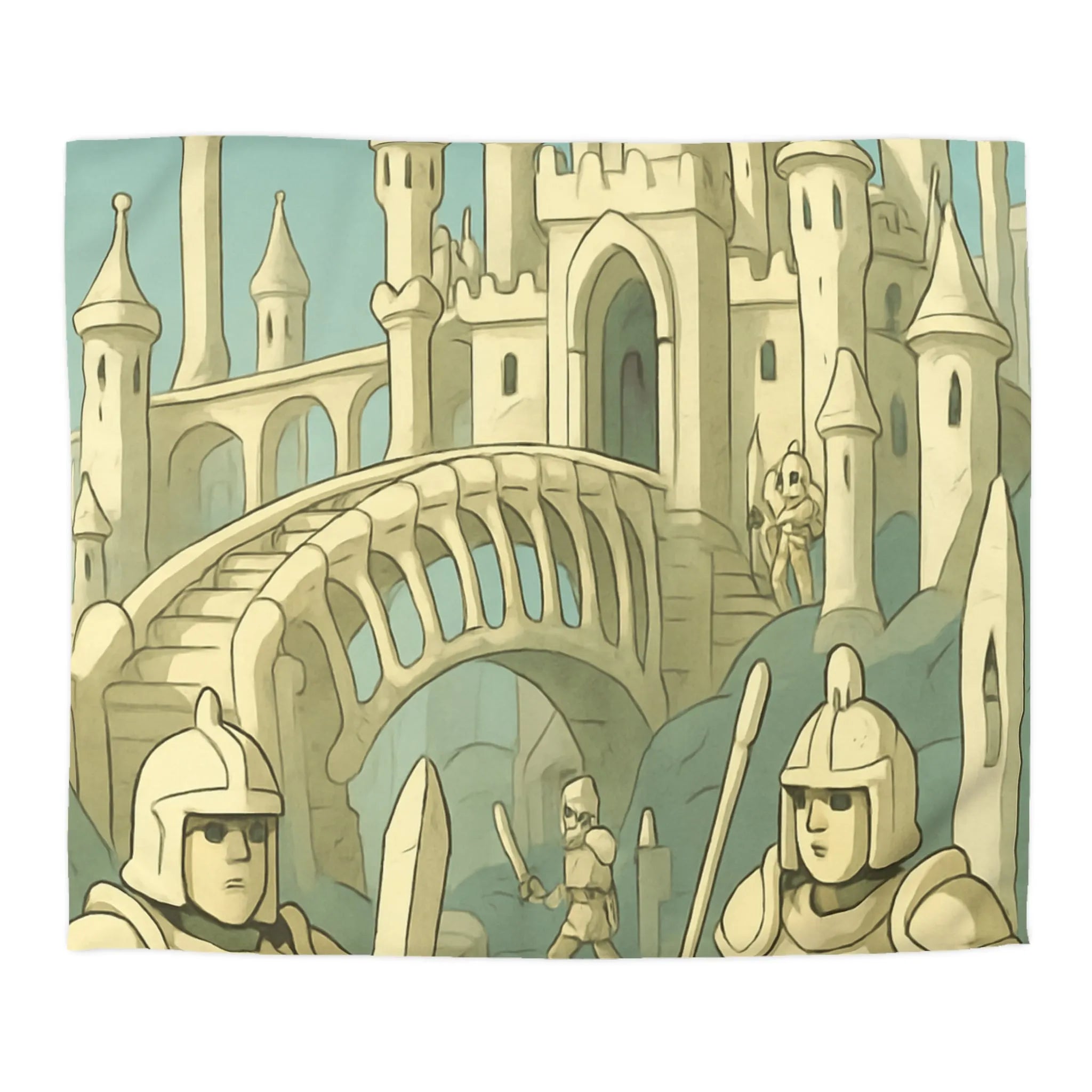 Housse de couette médiévale illustrée avec château crâne et chevaliers en armure