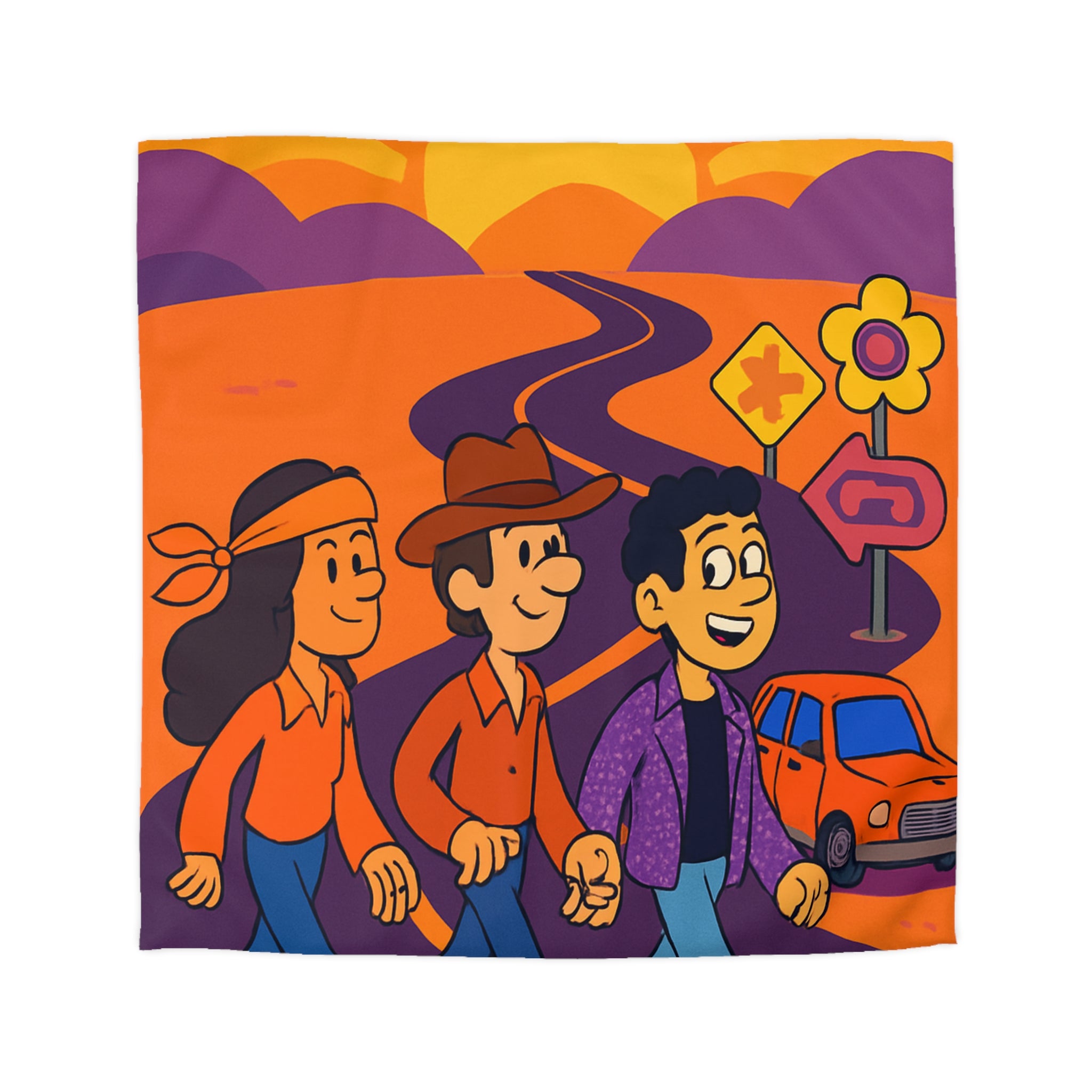 Housse de couette rétro seventies : route orange avec ciel ensoleillé et personnages