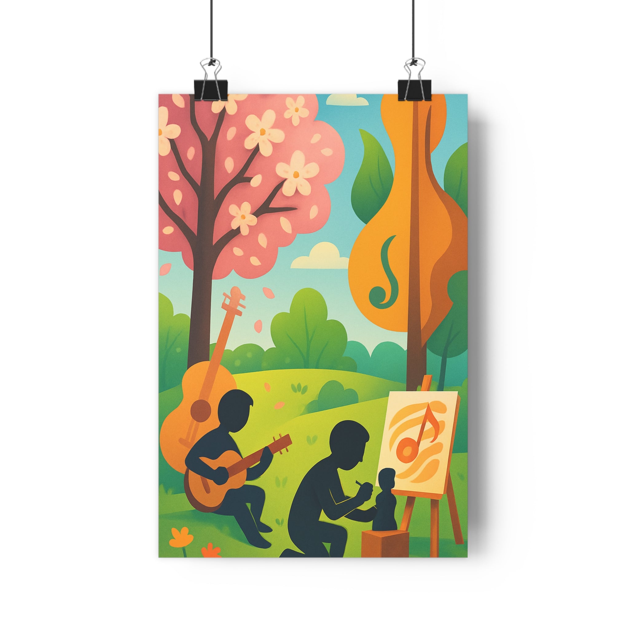 Poster décoratif artistique coloré vert bleu moderne salon ambiance paisible guitare arbre nuages scène