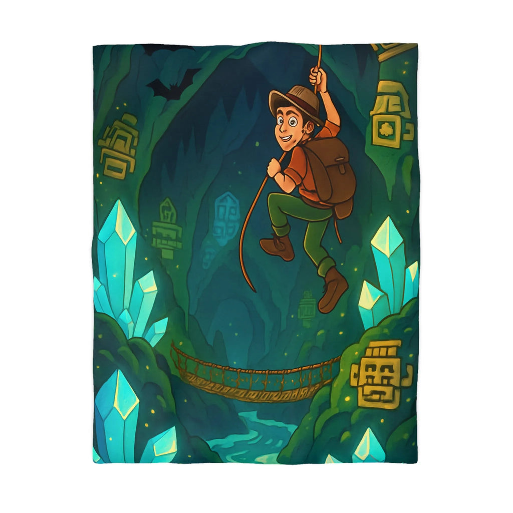 Explorateur suspendu dans une mystérieuse caverne remplie de cristaux et de mystères anciens