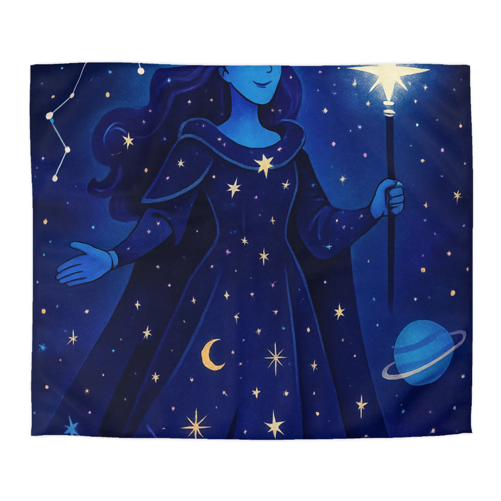 Housse de couette illustration déesse cosmique étoiles lune mystique bleu nuit magique