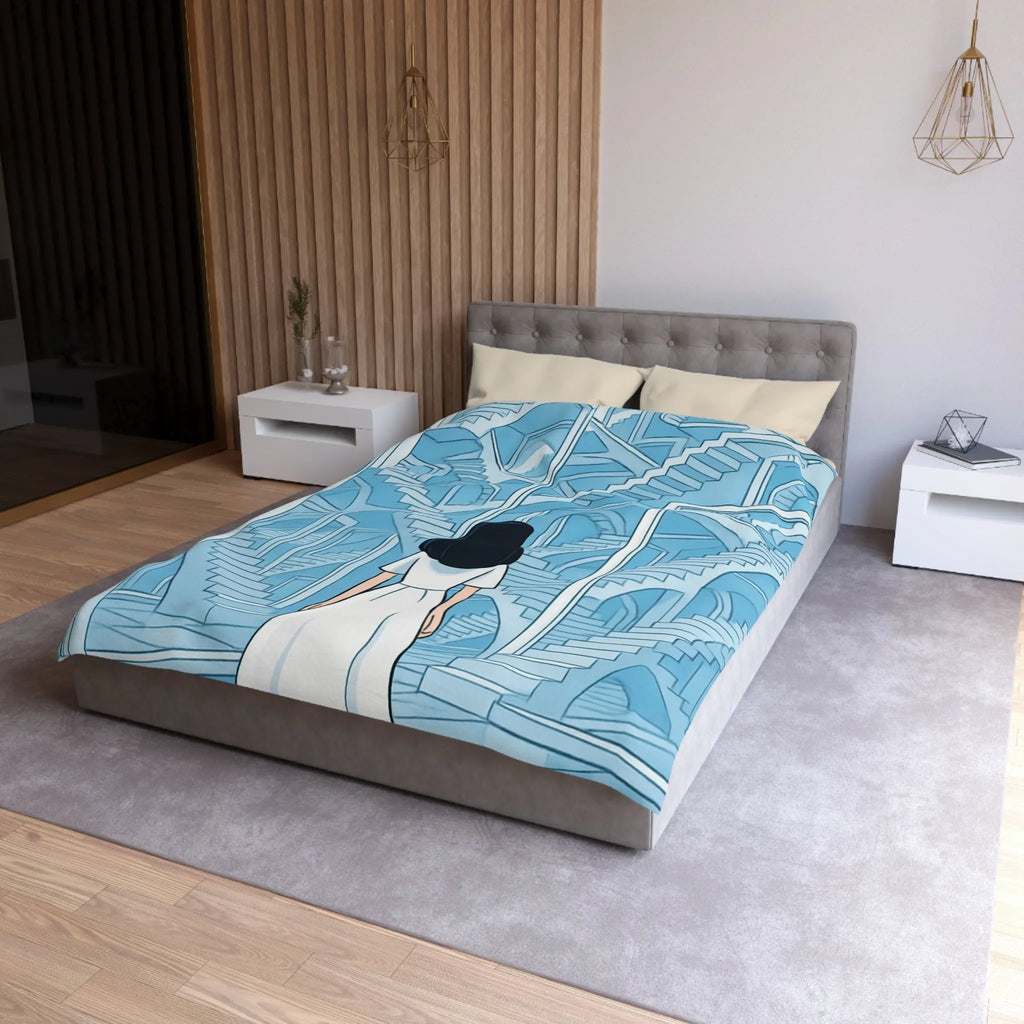 Housse de couette escalier infini en bleu avec femme en robe blanche contemporaine