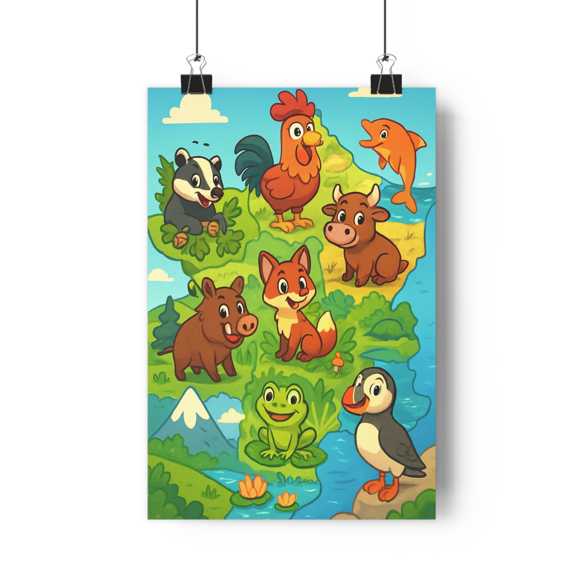 Poster décoratif animalier joyeux coloré enfant chambre ludique carte France illustration vibrant 30x46 cm
