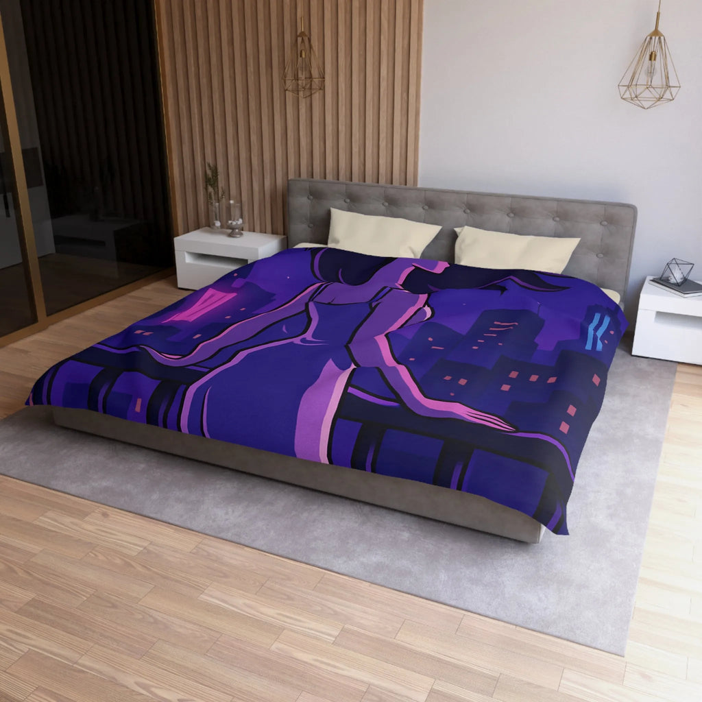 Housse de couette avec femme contemplant ville nocturne éclairée, style rétro futuriste animé