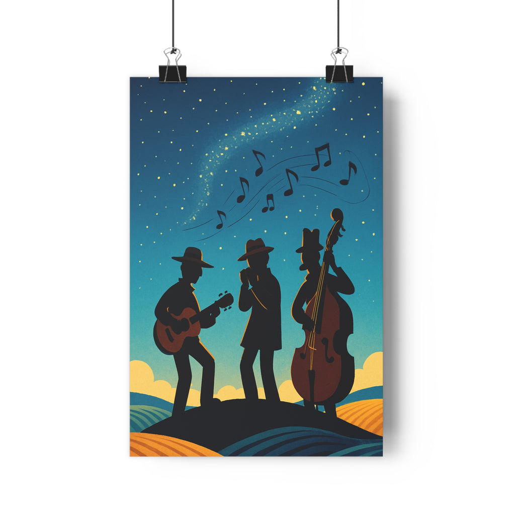 Poster décoratif musique poétique rêveur bleu jaune salon harmonieux 30x46 musiciens artistique élégant ambiance