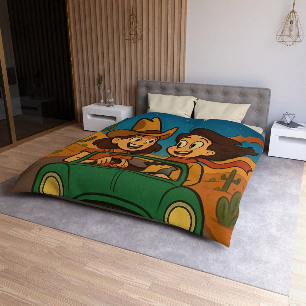 Ensemble Road Trip Enfants Désert Nuit Étoilée Voiture Verte Amusante Illustration Vintage