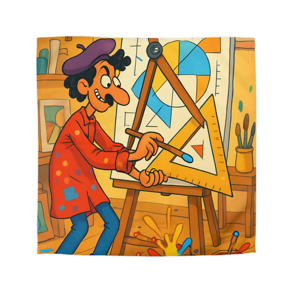 Housse de couette artistique avec motif géométrique et artiste cartoon en atelier coloré