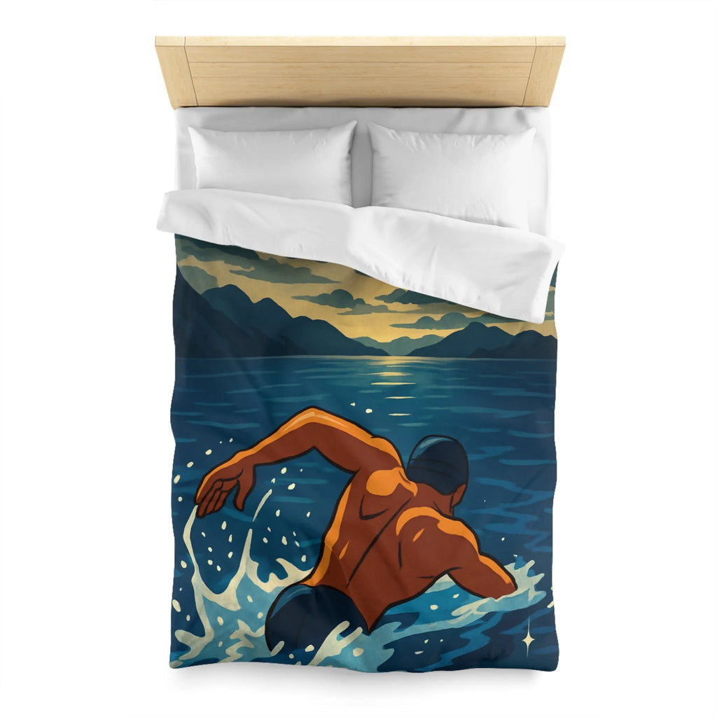 Housse de Couette avec Nageur Solitaire au Clair de Lune sur Océan Étincelant