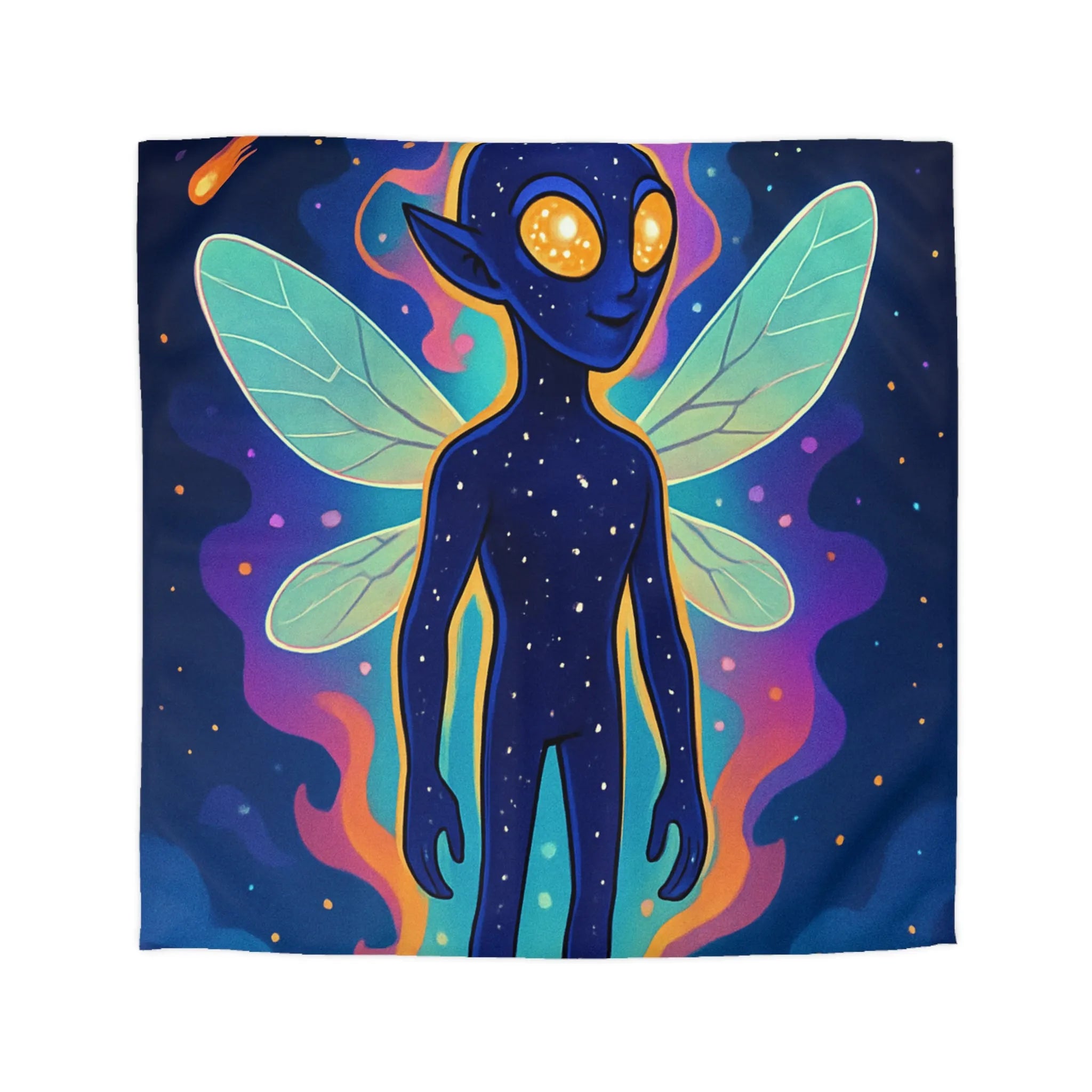 Housse de couette féerique avec créature cosmique et ailes éthérées pour chambre unique