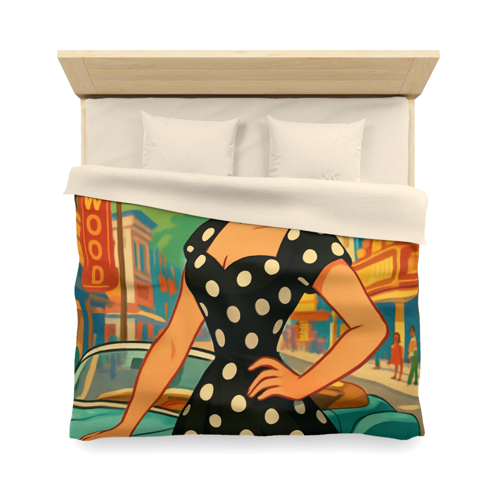 Housse de couette rétro Hollywood années 50 avec motifs de voitures vintage et palmiers