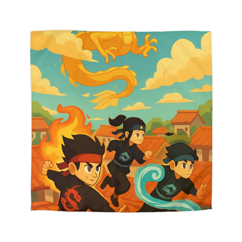 Housse de couette avec ninjas sautant et dragon doré dans un ciel ensoleillé