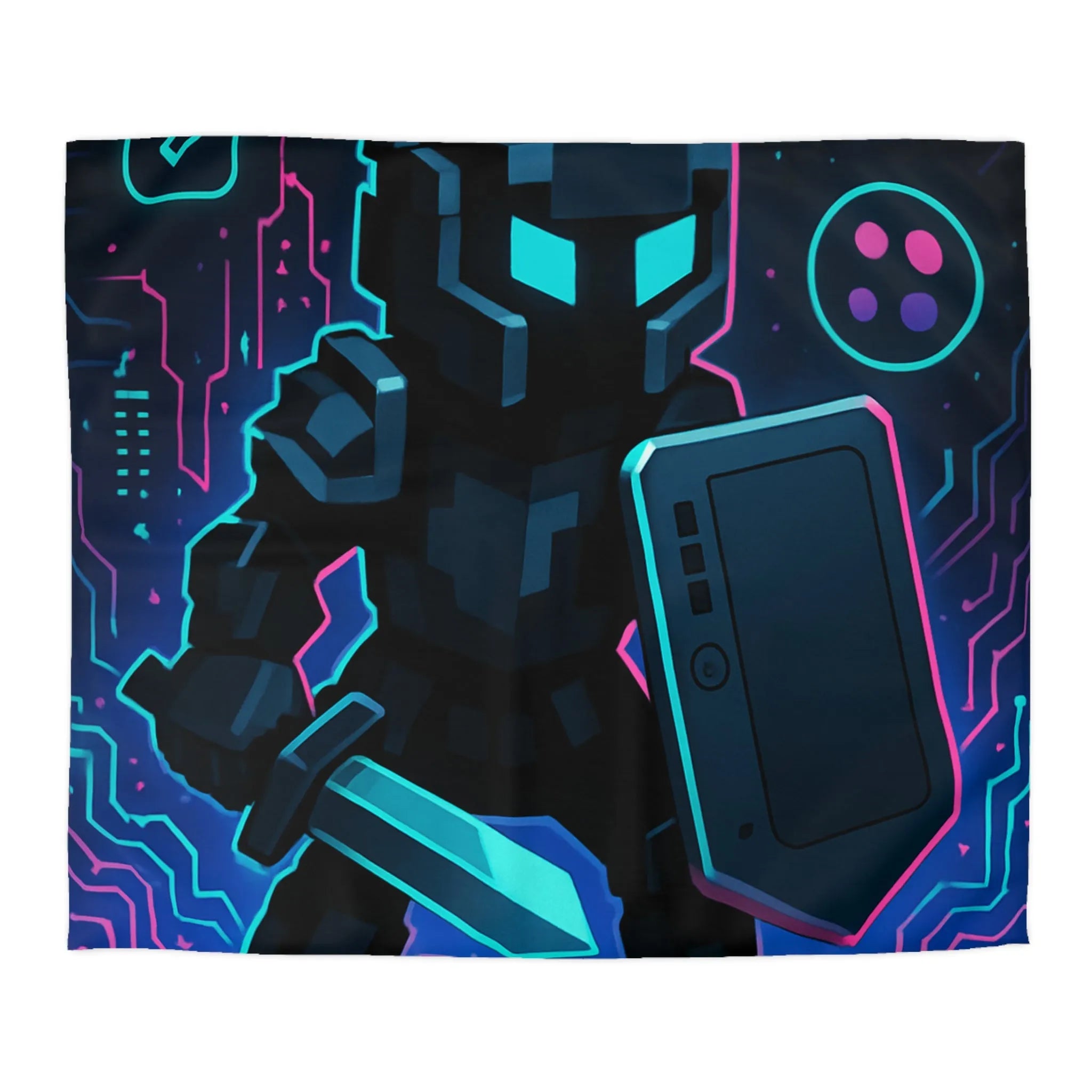 Housse de Couette avec Guerrier Pixel Art et Éléments Numériques Lumineux Nocturnes