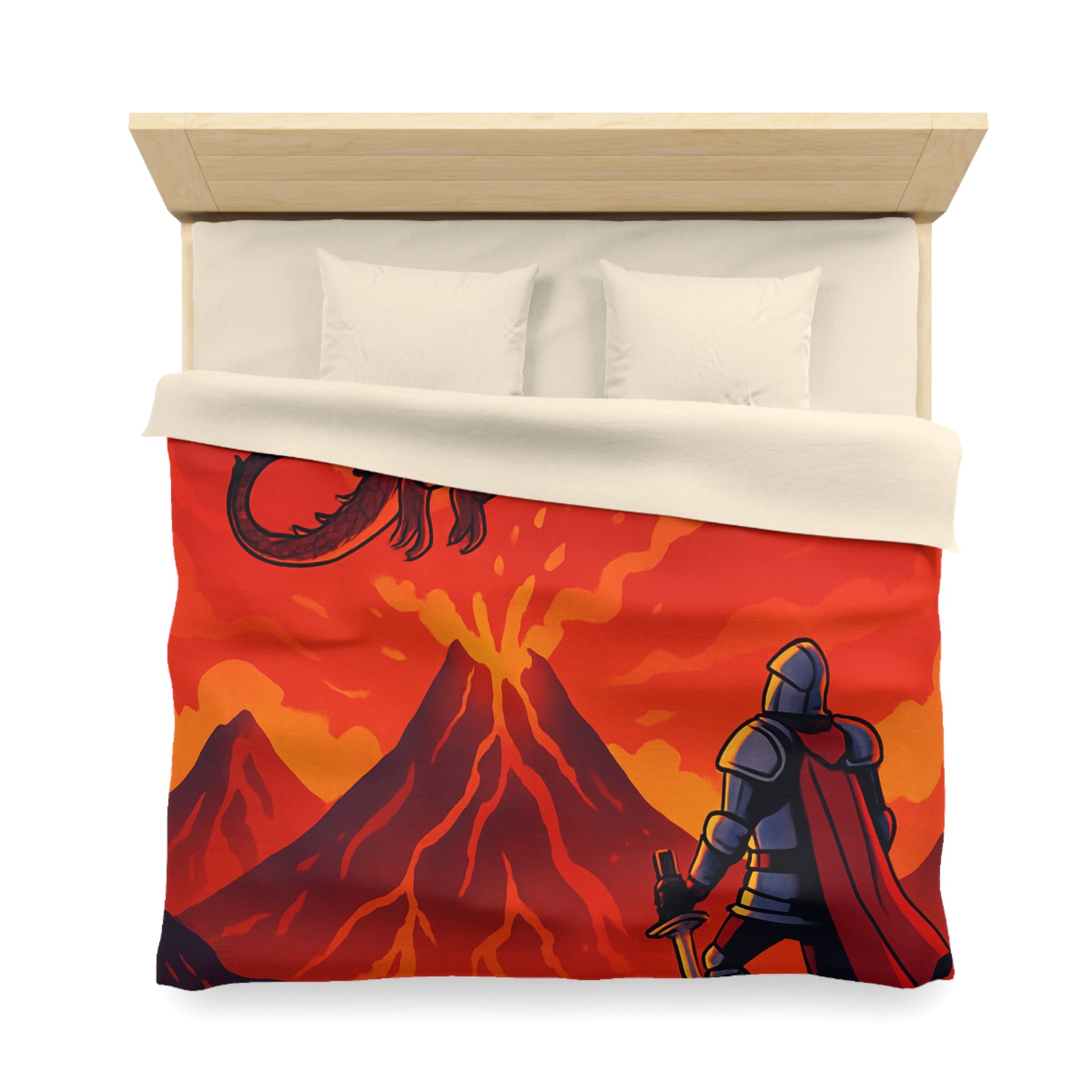 Imposant dragon rouge volant sur volcan en fusion, chevalier en armure contemplatif
