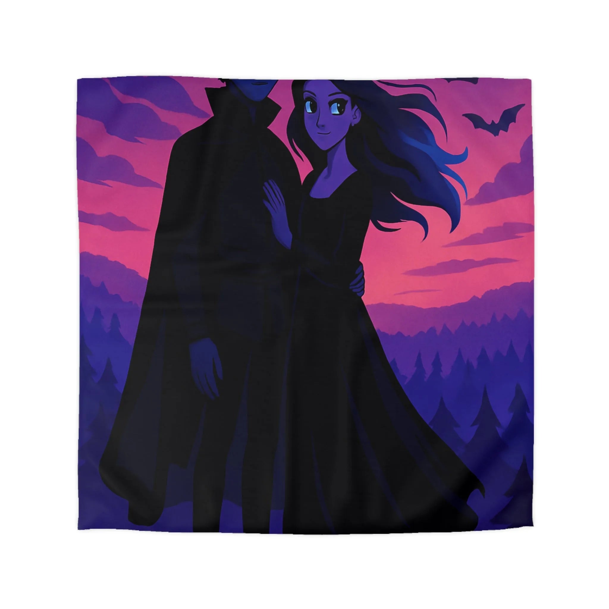 Housse de couette élégante avec couple mystique sous ciel vibrant au crépuscule