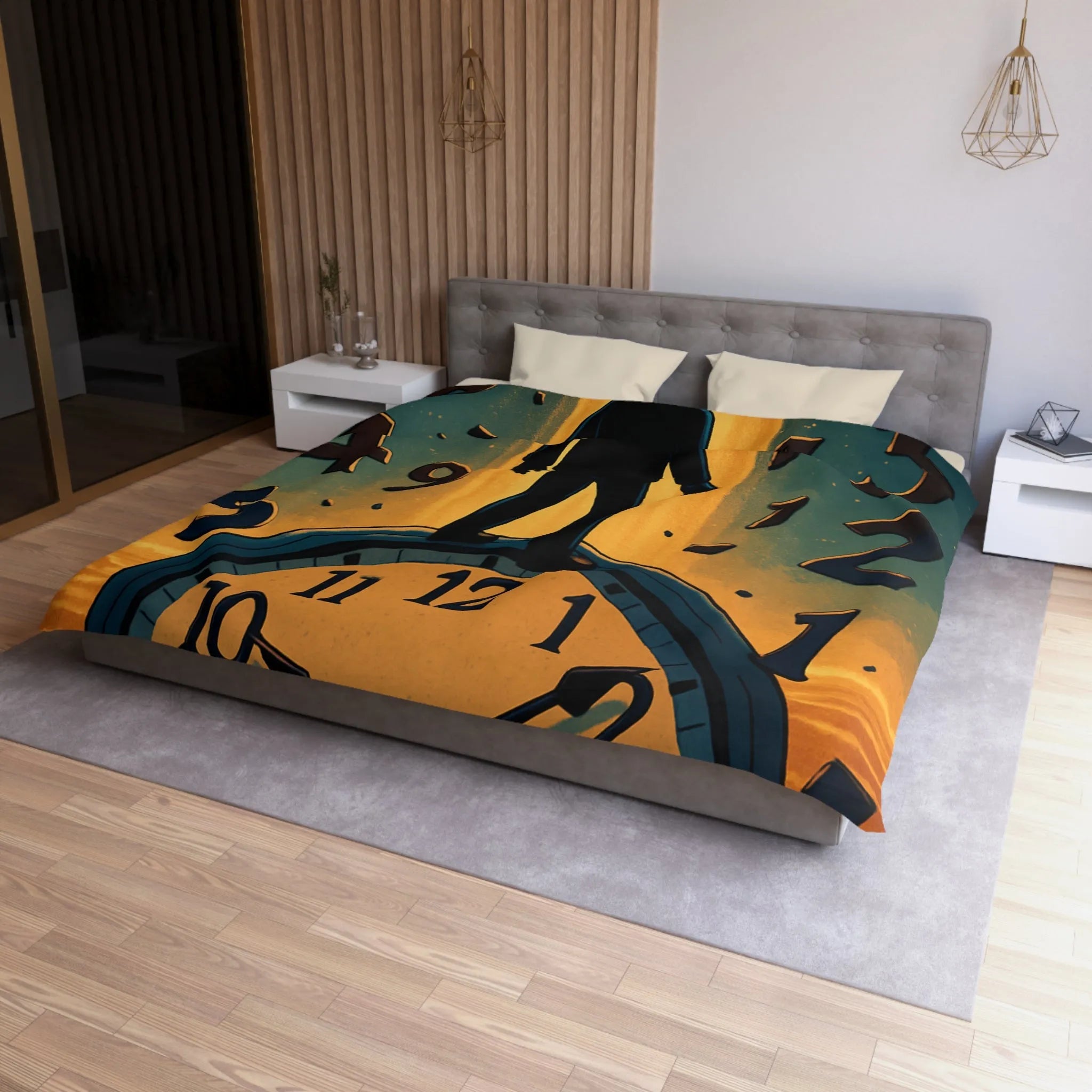 Housse de couette avec horloge mystique et voyageur des rêves en noir