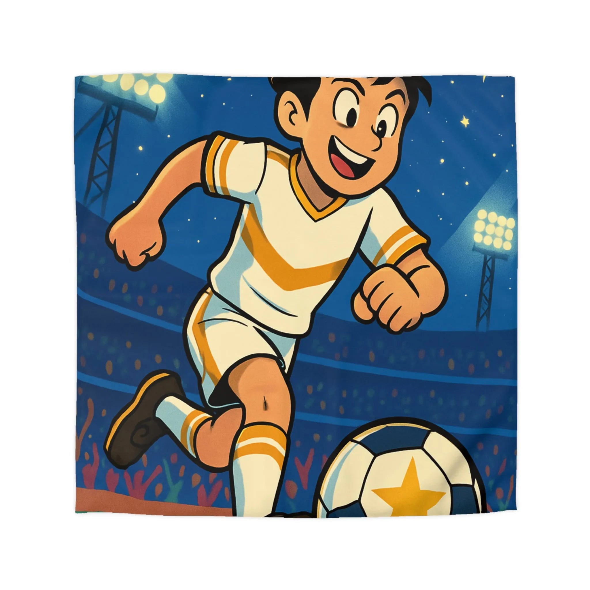 Housse de couette enfant avec joueur de foot stylisé sous ciel étoilé vibrant