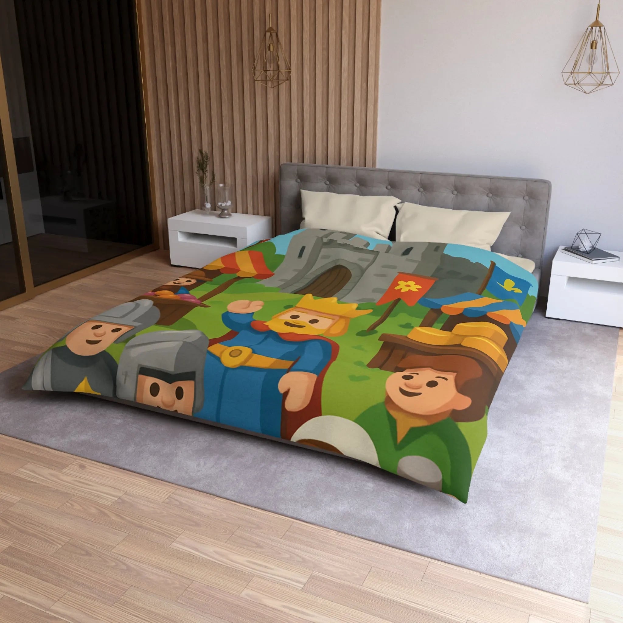 Housse de Couette Ludique Moyen Âge Château Roi et Marché Animé Coloré