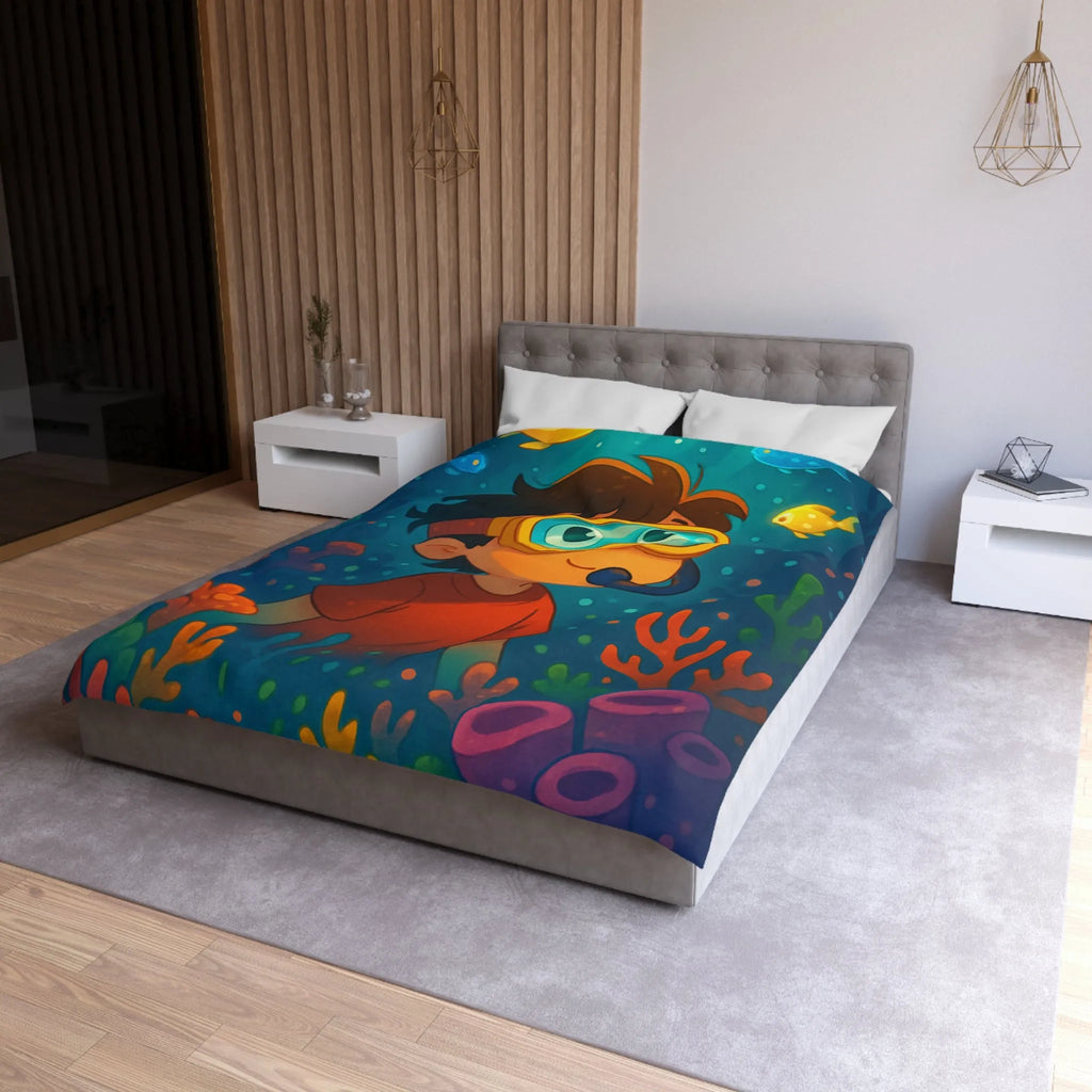 Housse de couette enfantine avec motif sous-marin coloré poisson et garçon plongeur dessiné
