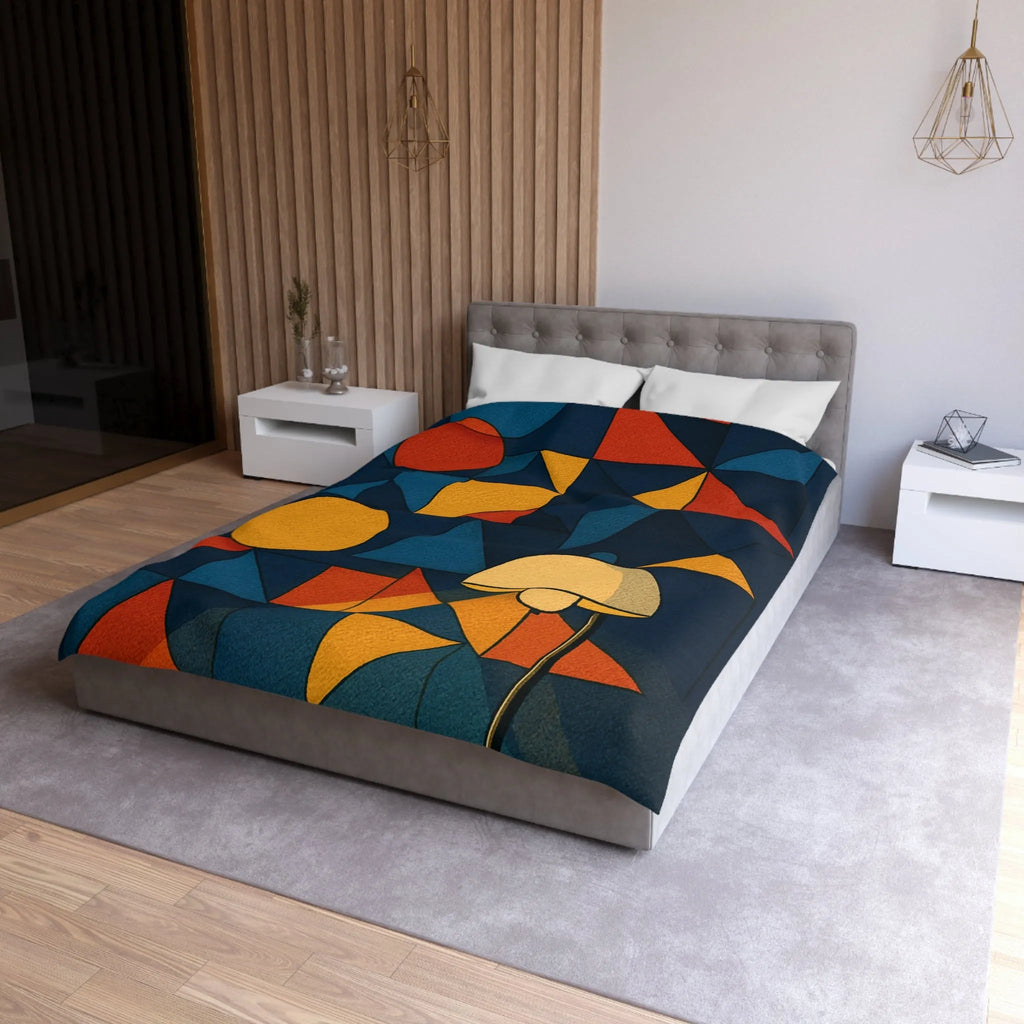 Housse de couette géométrique moderne multicolore avec motifs rétro et ambiance chaleureuse éclairée