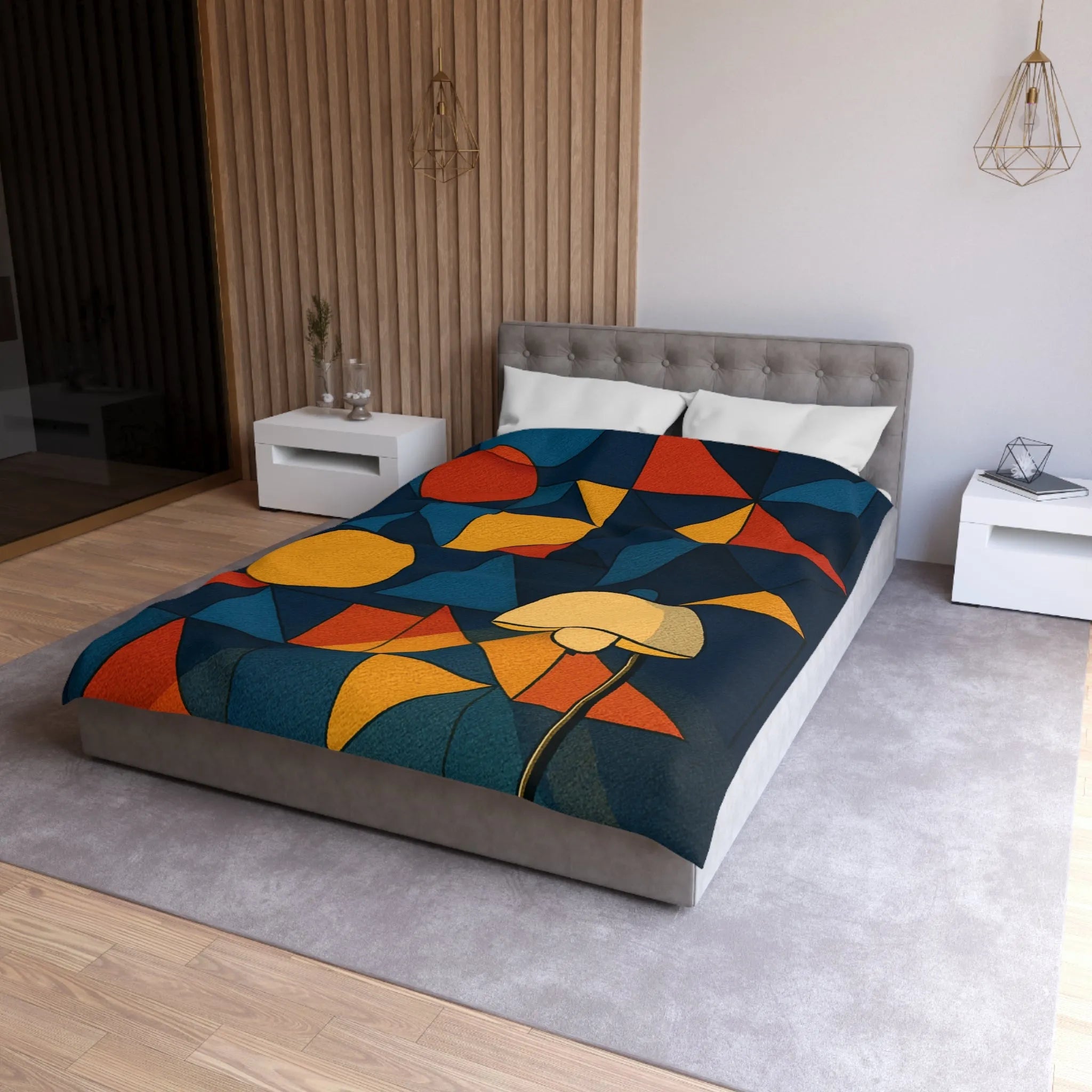 Housse de couette géométrique moderne multicolore avec motifs rétro et ambiance chaleureuse éclairée