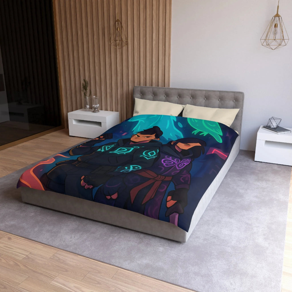 Housse de couette avec motifs mystiques de loup et hibou luminescents en néon urbain