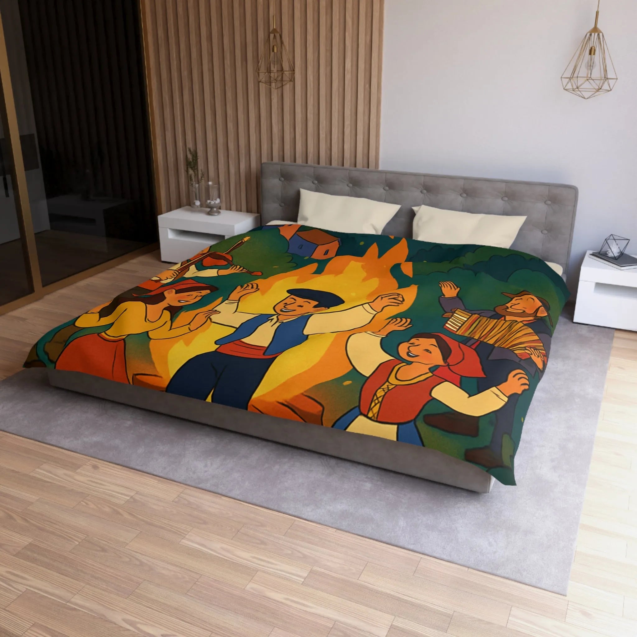 Housse de couette colorée danse folklorique autour du feu avec musiciens traditionnels