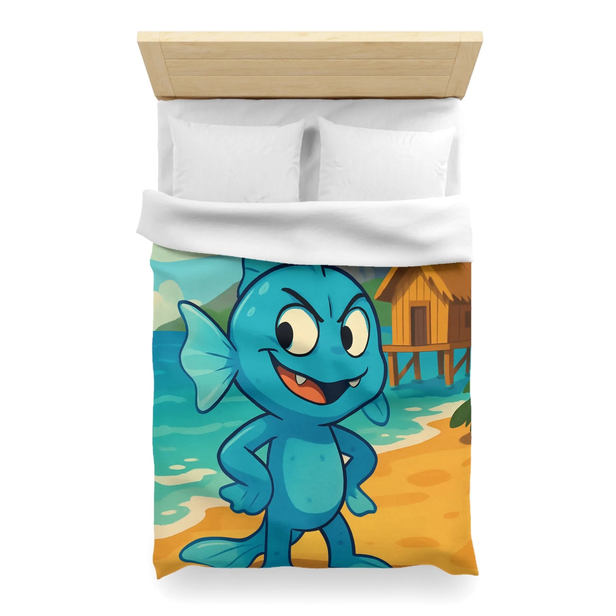Housse de couette île tropicale avec poisson bleu et volcan en arrière-plan